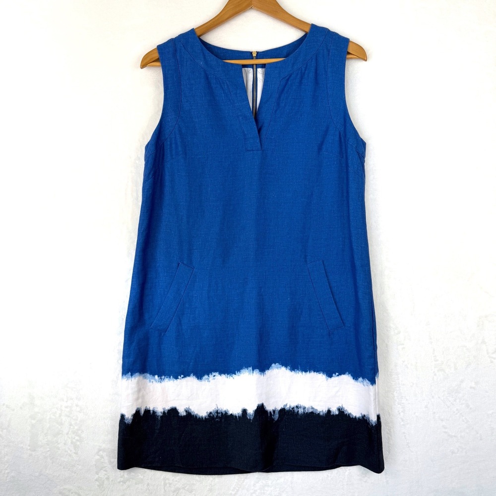 J.Crew Blue Linen Dip Dye Colorblock Shift Dress Sleeveless Pockets Size 4 - Picture 1 of 10